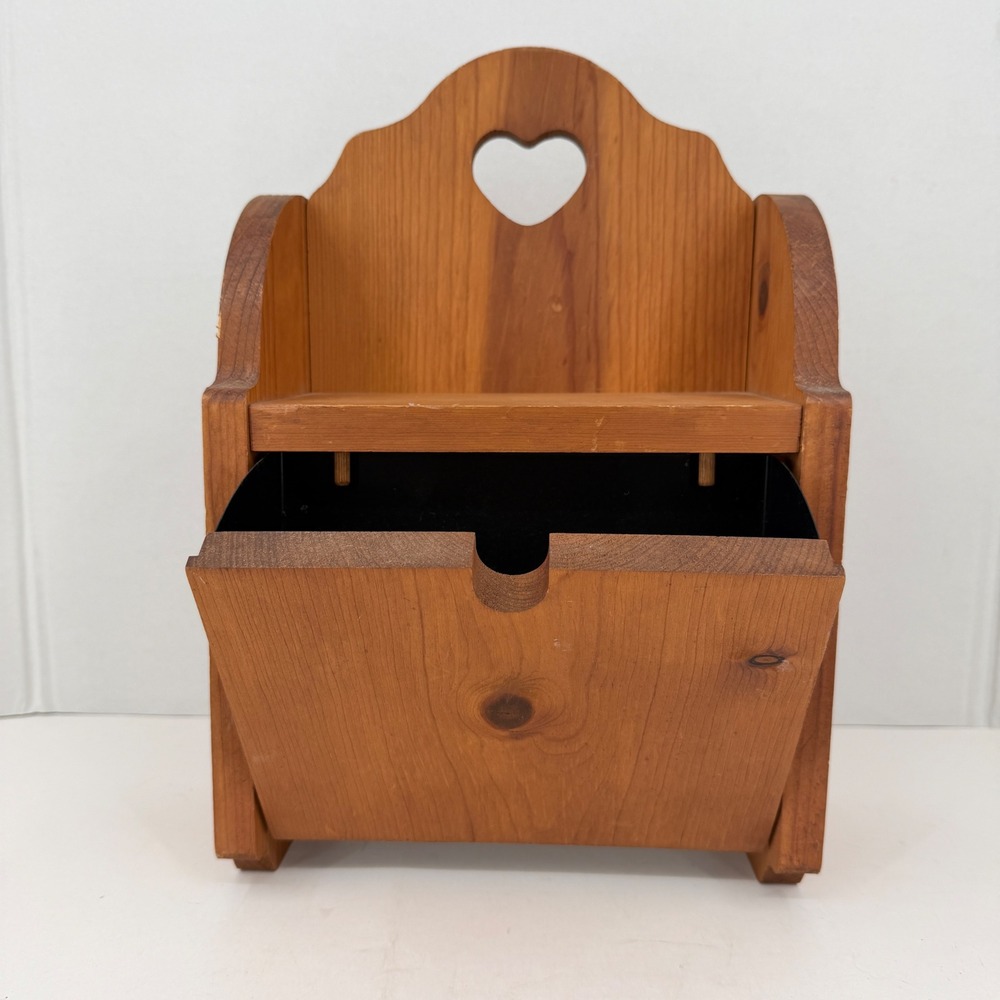 Wood Shelf Metal Bin Pine Heart Cutout Rustic Letter Keys Storage Cottagecore